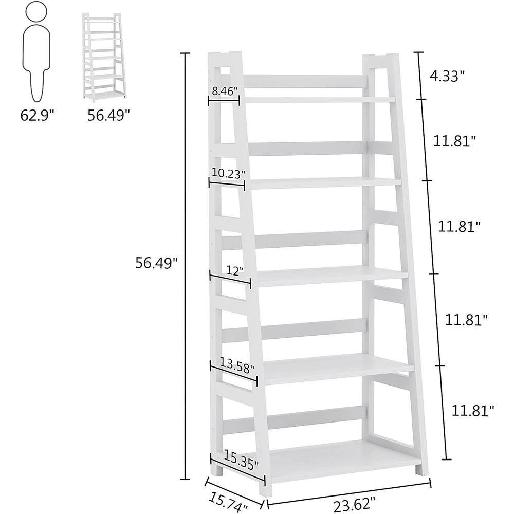 BYBLIGHT 56.5 in. White Wood 5-Shelf Ladder Bookcase Modern Bookshelf with 5-Tier Shelves BB-C0262GX