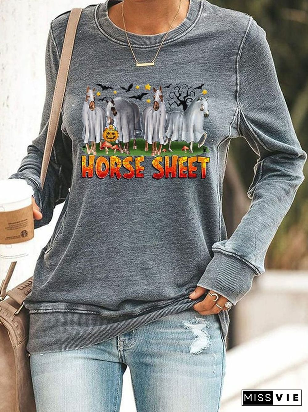 Women's Halloween Horse Sheet Printed Casual Sweatshirt