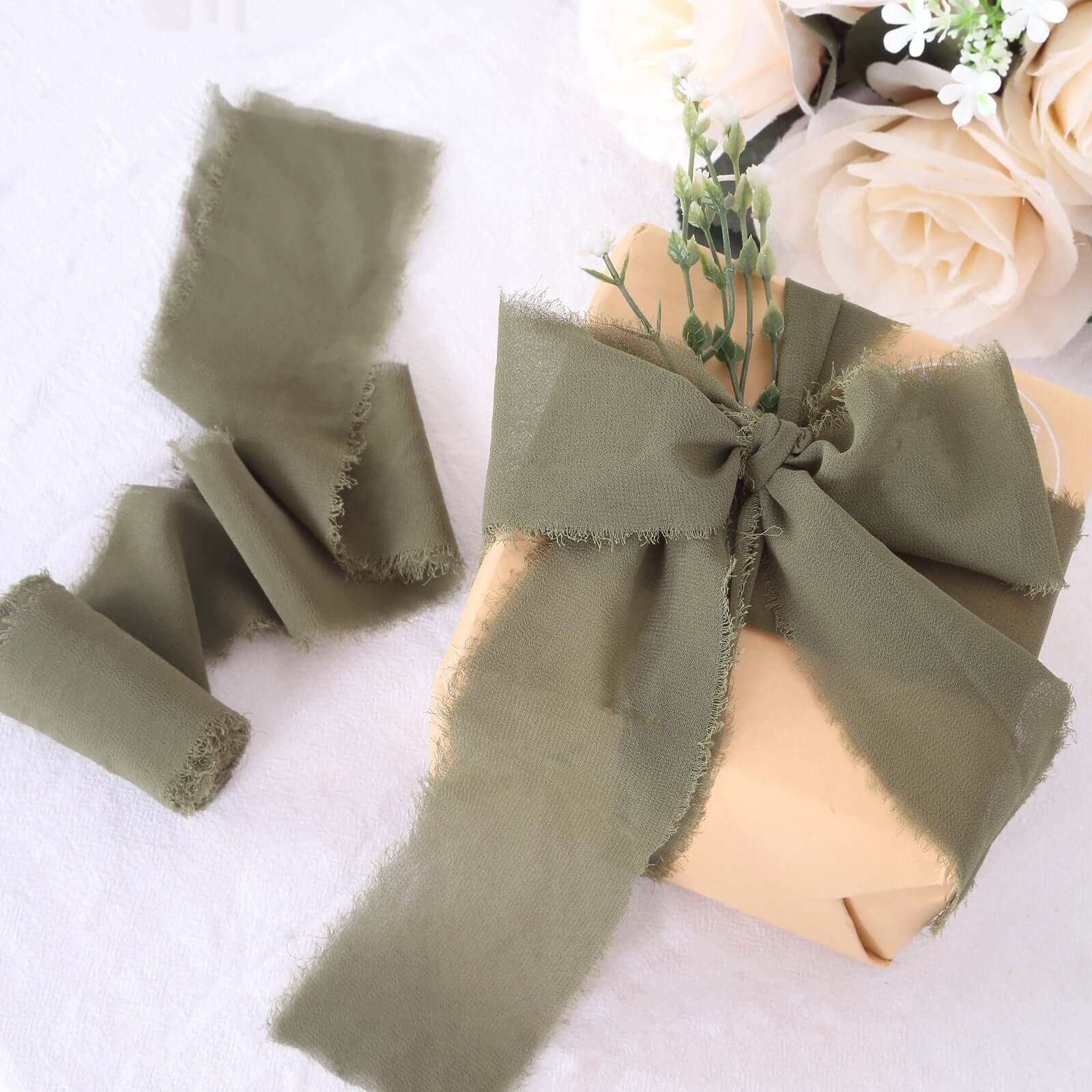 2 Pack Dusty Sage Green Silk-Like Chiffon Linen Ribbon Roll For Bouquets, Wedding Invitations Gift Wrapping 6yd