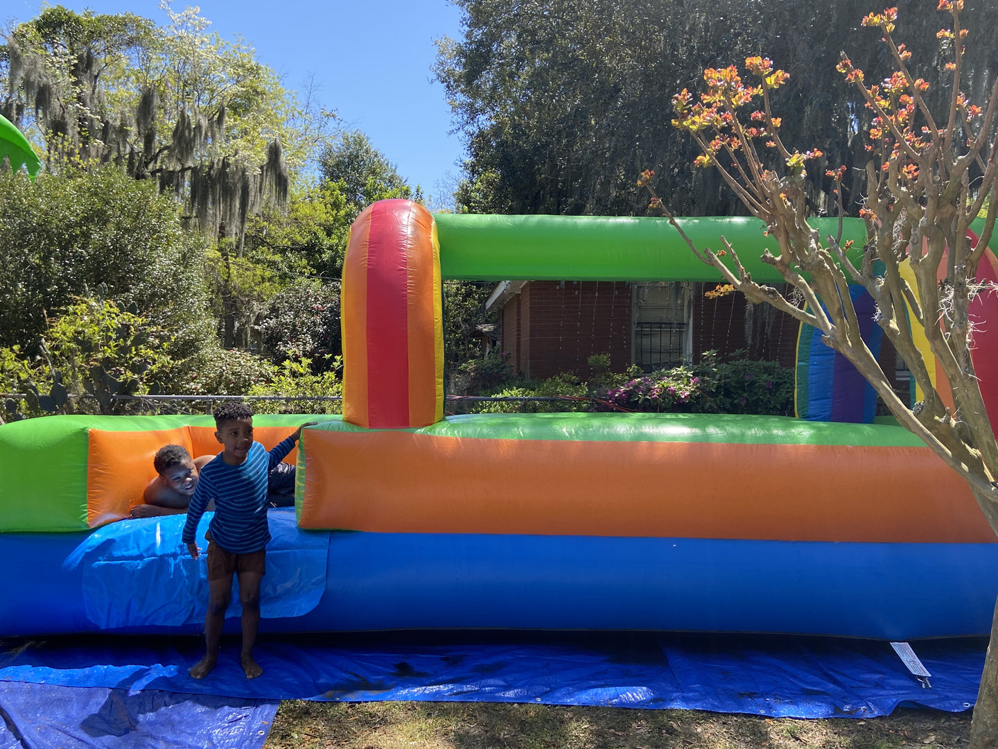 Pogo Bounce House Crossover Giant Inflatable Slip and Slide, Rainbow, No Blower