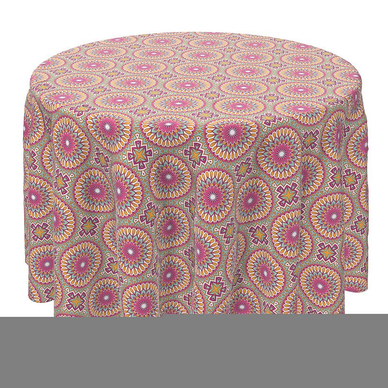 Round Tablecloth， 100% Cotton， 60 Round， Pink Boho Design