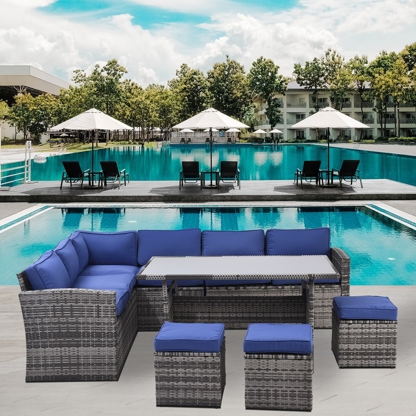 Patio Furniture Set，7 Pieces Sectional Conversation Sofa with Ottomans，All Weather，With Backrest and Removable Cushions