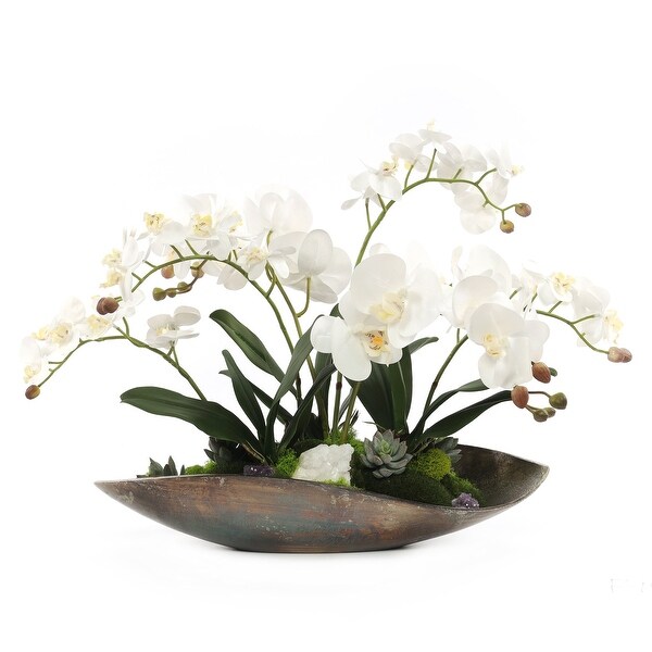 Cream White Orchids Faux Arrangement in Small Metal Tray