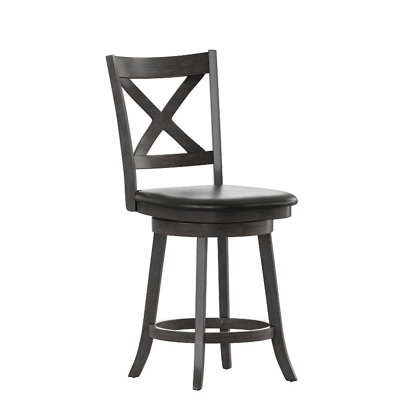 Merrick Lane Sora 24 Classic Wooden Crossback Swivel Counter Height Pub Stool with Upholstered Padded Seat and Integrated Footrest