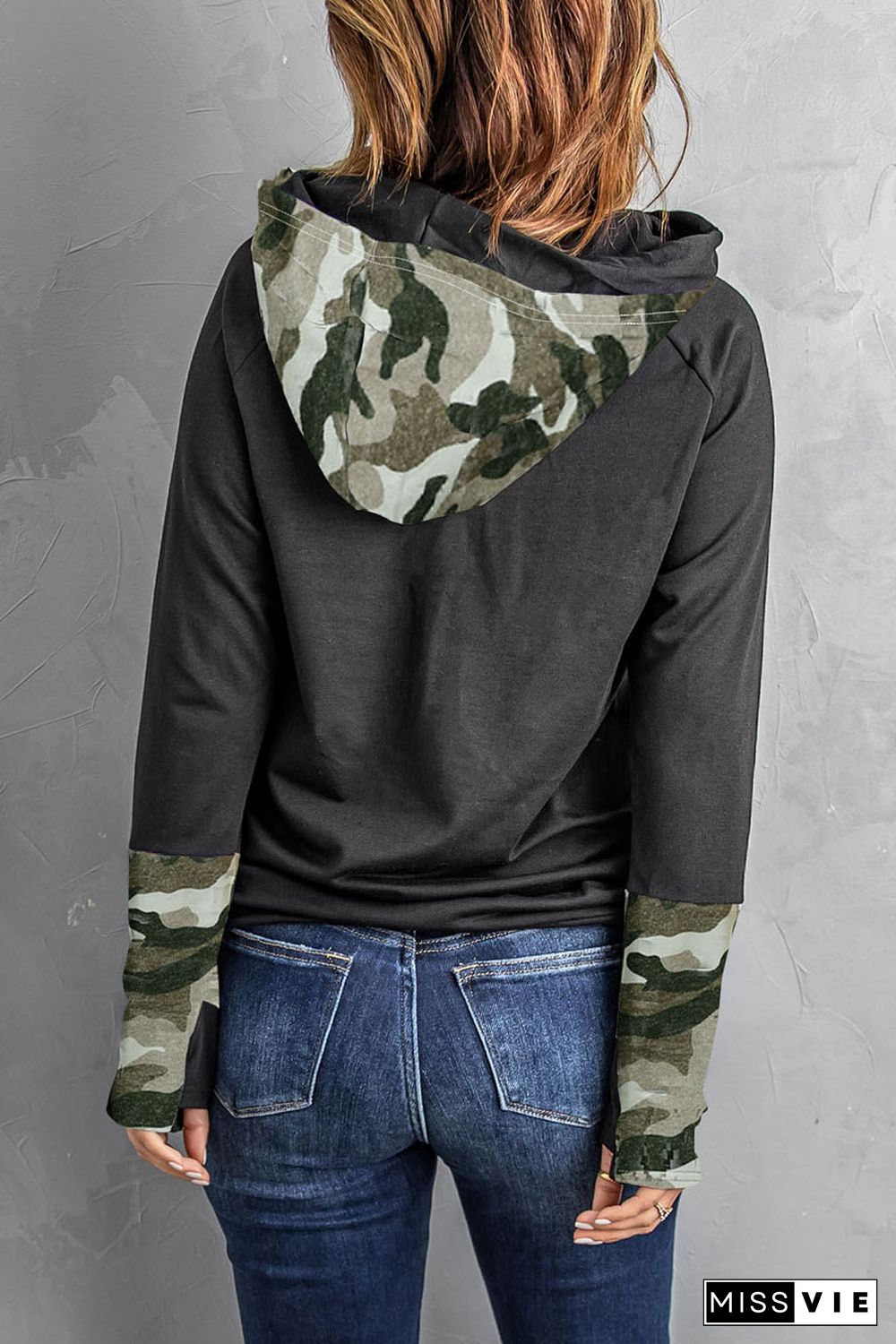 Camo Print Double Hoods Thumb Hole Hoodie