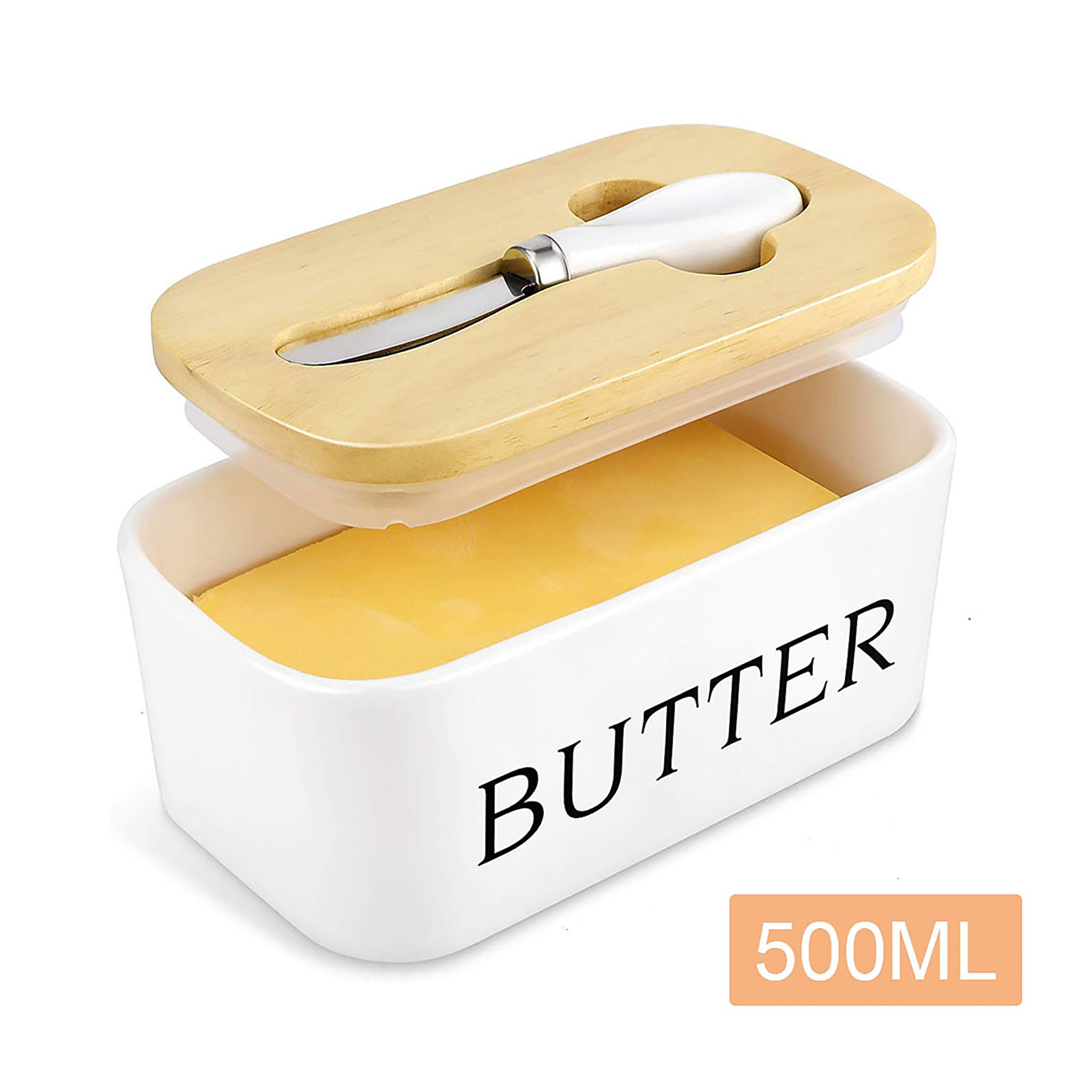 Butter Dish with Knife - Airtight Butter Keeper Holds Up to 2 Sticks of Butter - Porcelain Container with Wooden Lid， White