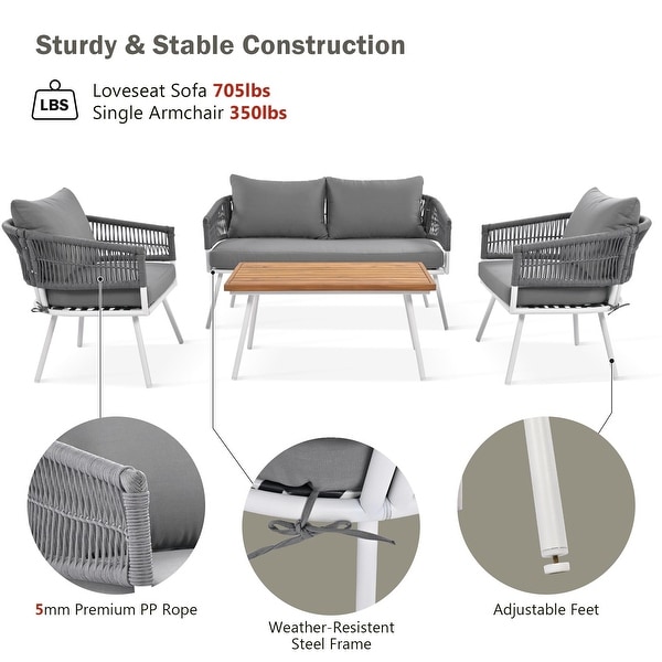 4Piece Patio Furniture Set，Outdoor Furniture with Acacia Wood Table，Patio Conversation Set with Deep Seating and Thick Cushion