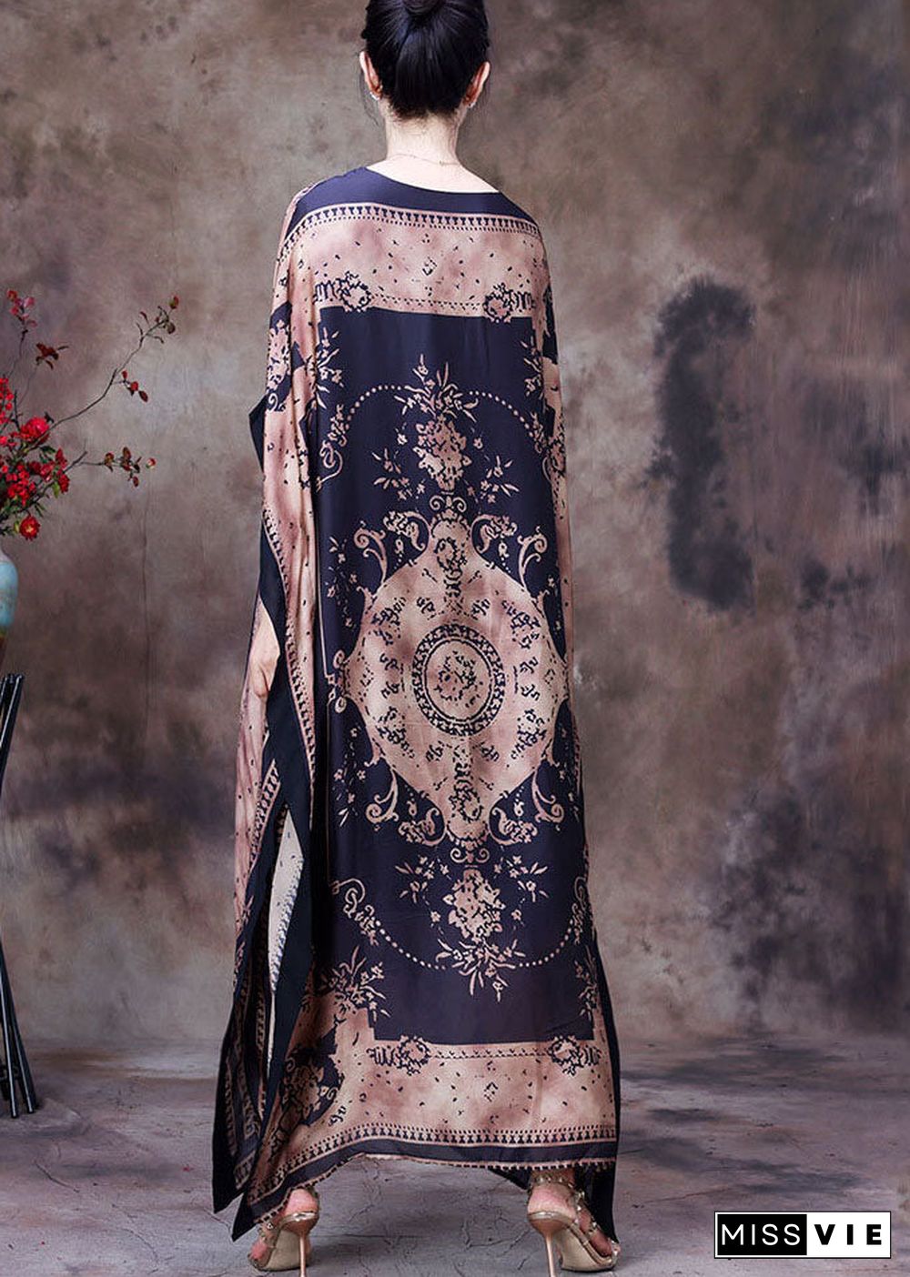 Modern Chocolate O-Neck Print Silk Long Dress Gown Batwing Sleeve