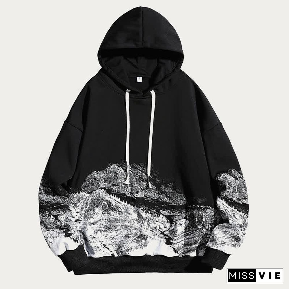 Retro Mountain Print Long Sleeve Loose Hoodie