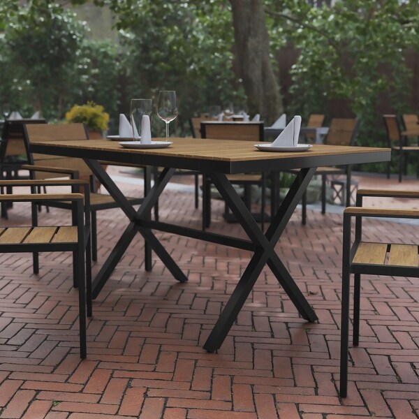 Commercial 59 x 35.5 Cross Frame Faux Teak Outdoor Patio Table