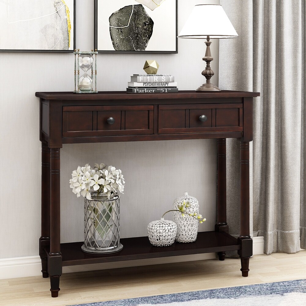 Espresso Wood 2 Drawers Console End Table with Bottom Shelf