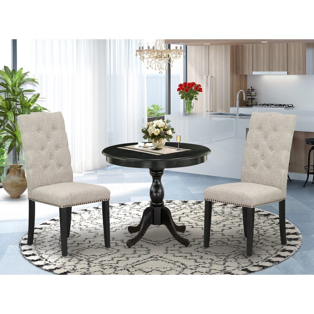 East West Furniture 3 Piece Kitchen Table Set  A Round Dining Room Table and 2 Linen Fabric Chairs (Finish Options)