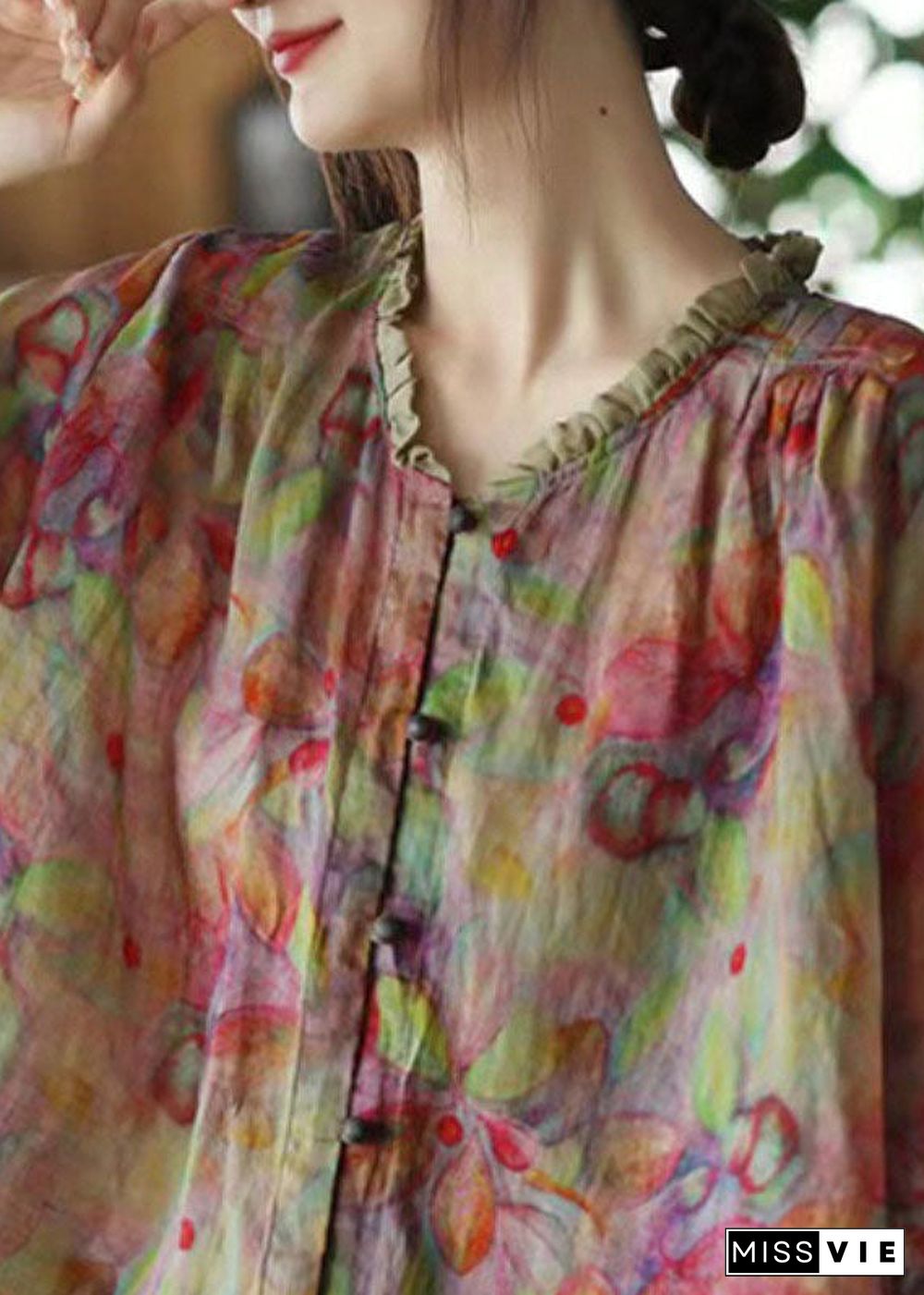 Plus Size Pink-Print3 V Neck Ruffled Print Linen Blouse Top Half Sleeve