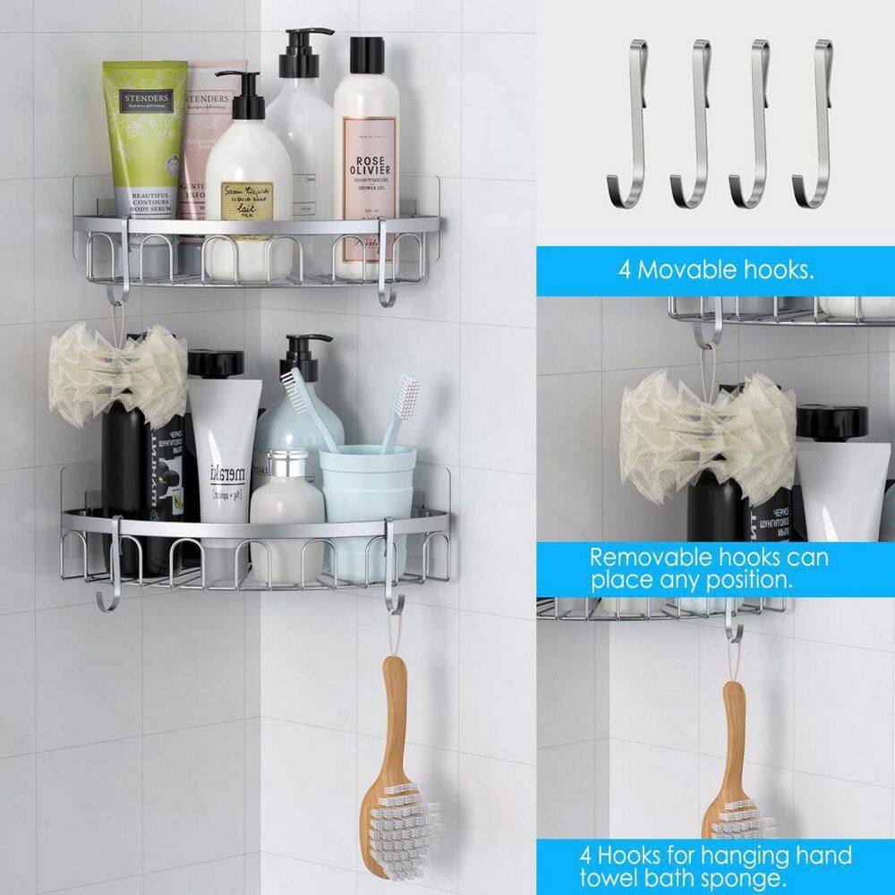 Dracelo 2-Pack Silver Adhesive Stainless Steel Corner Shower Caddy Storage Shelf with 4 Hooks B08HH1XFHR