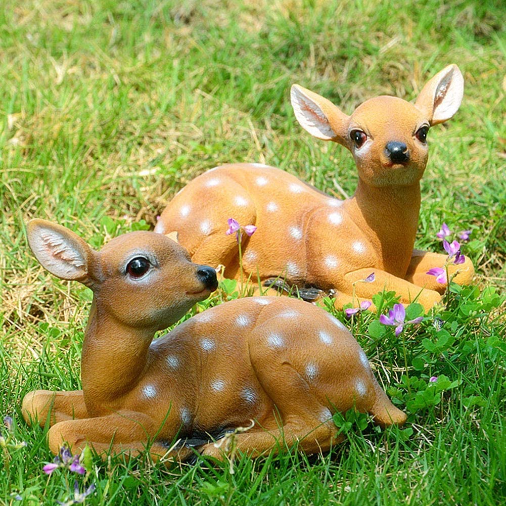 Nvzi Garden Resin Deer Figurine, Outdoor Garden Statue Deer Lying Down Sculpture Ornaments 6.7x4.5in, Polyresin, Full Color(2 Pcs )