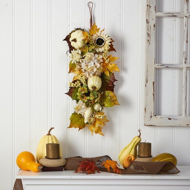 Nearly Natural 33 Fall Sunflower Hydrangea And White Pumpkin Artificial Autumn Teardrop