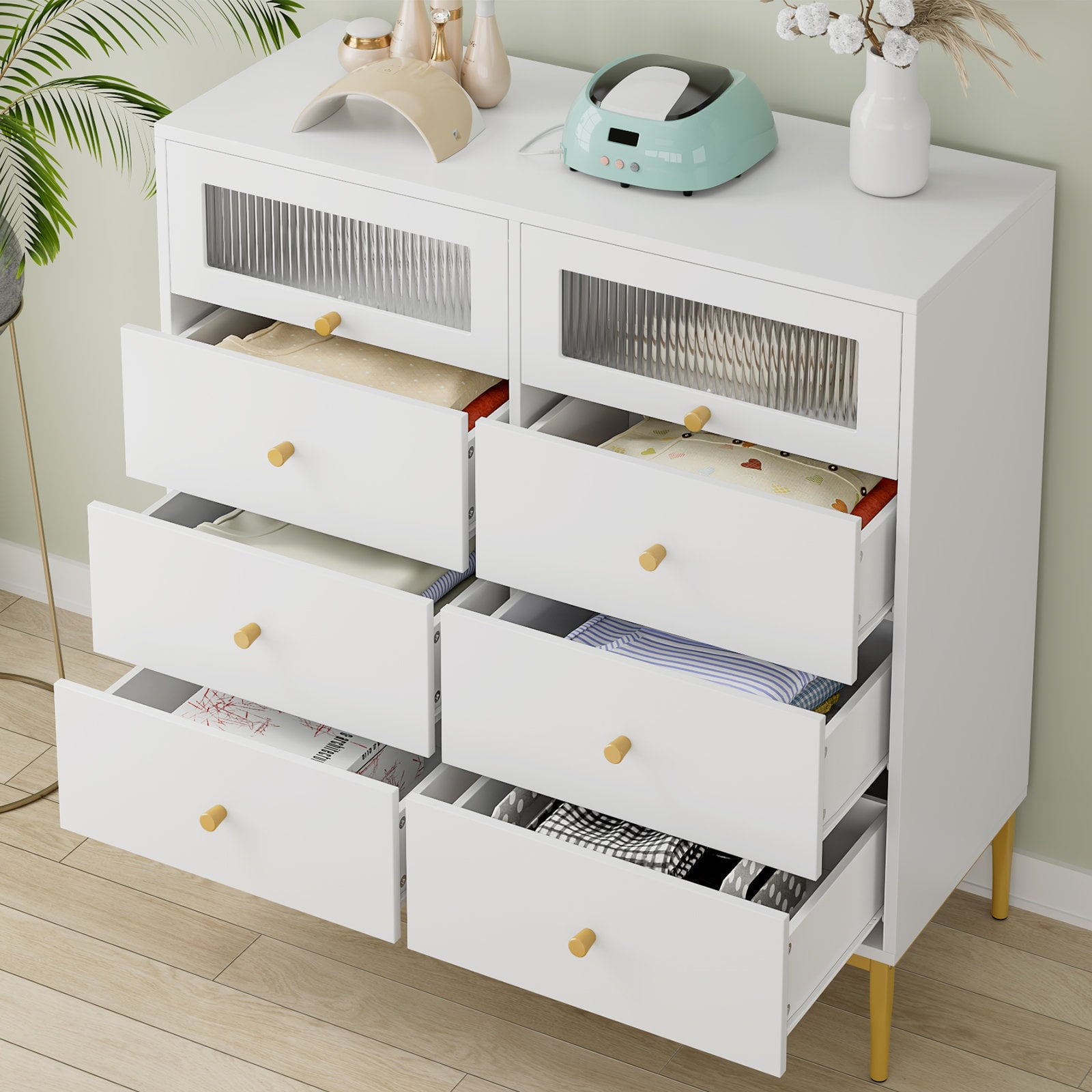 Homfa Double Dresser with 6 Drawers, Storage Cabinet with 2 Glass Doors, White