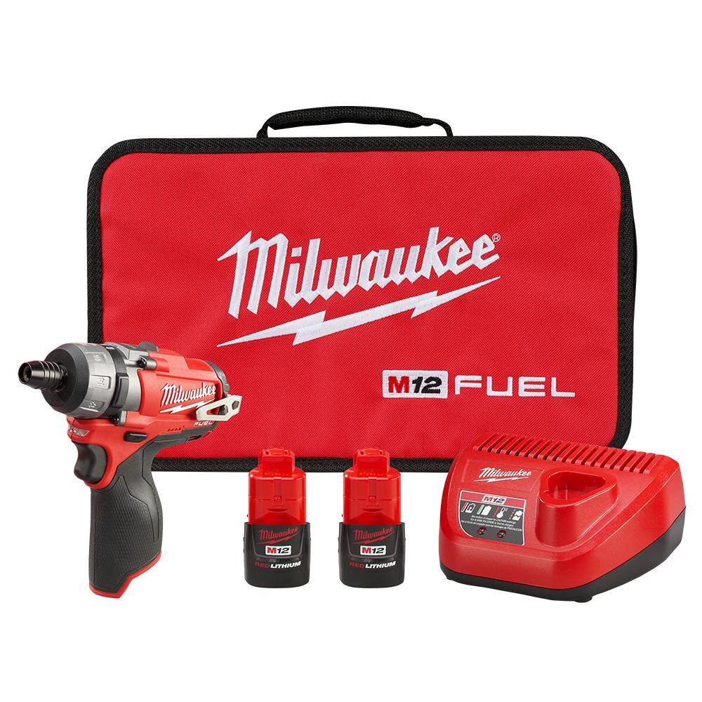 MW M12 FUEL 12V Lithium-Ion Brushless Cordless 14 in. Hex 2-Speed Screwdriver Kit W(2) 2.0h Batteries  Bag 2402-22