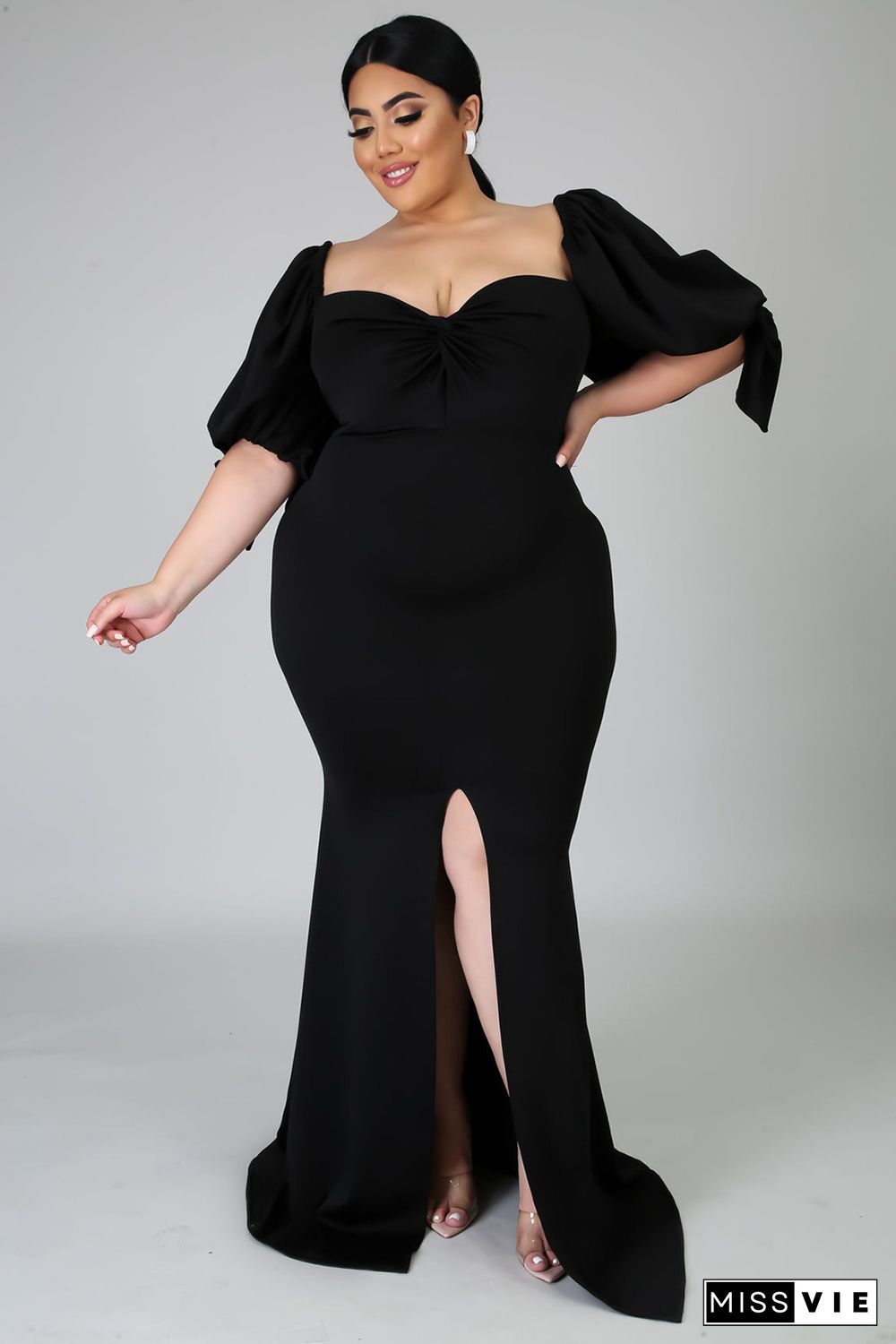 Black Bow Tie Puff Sleeve Plus Size High Slit Maxi Dress