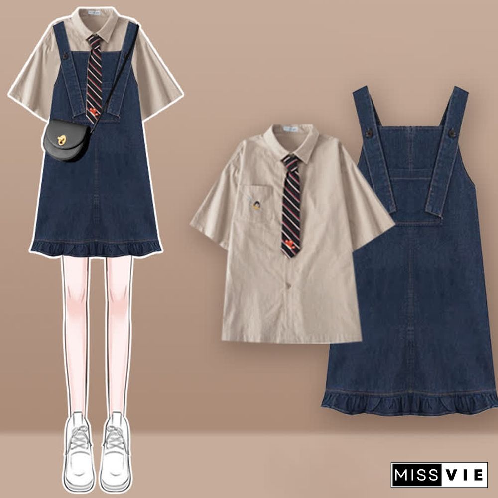 Pocket Lapel Tie T-Shirt Denim Overall Dress Two Pieces Set