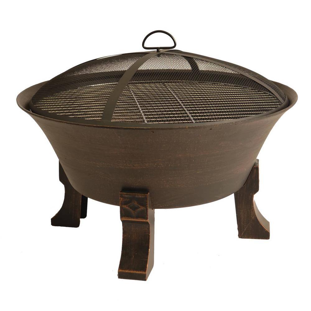 BLUEGRASS LIVING 26 Inch Cast Iron Deep Bowl Fire Pit with Cooking Grid Weather Cover Spark Screen and Poker 140281