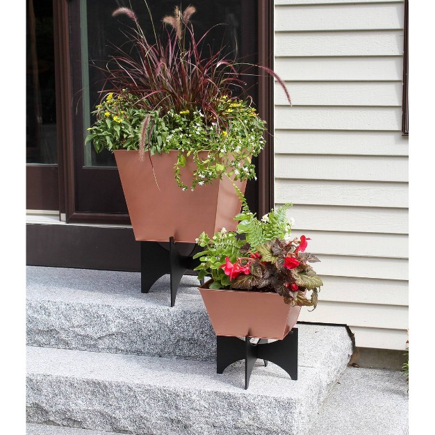 Wide Square Copper Plated Galvanized Steel Flower Box With Black Wrought Iron Plant Stand - Achla Designs