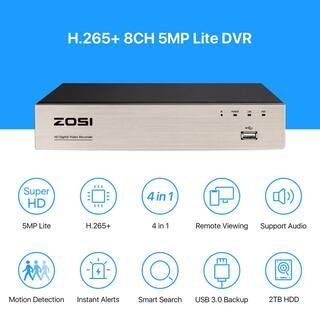 ZOSI H.265+ 8-Channel 5MP-Lite 2TB Hard Drive DVR Security Camera System with 8X 1080p Wired Bullet Cameras 8FN-261W8-20-US