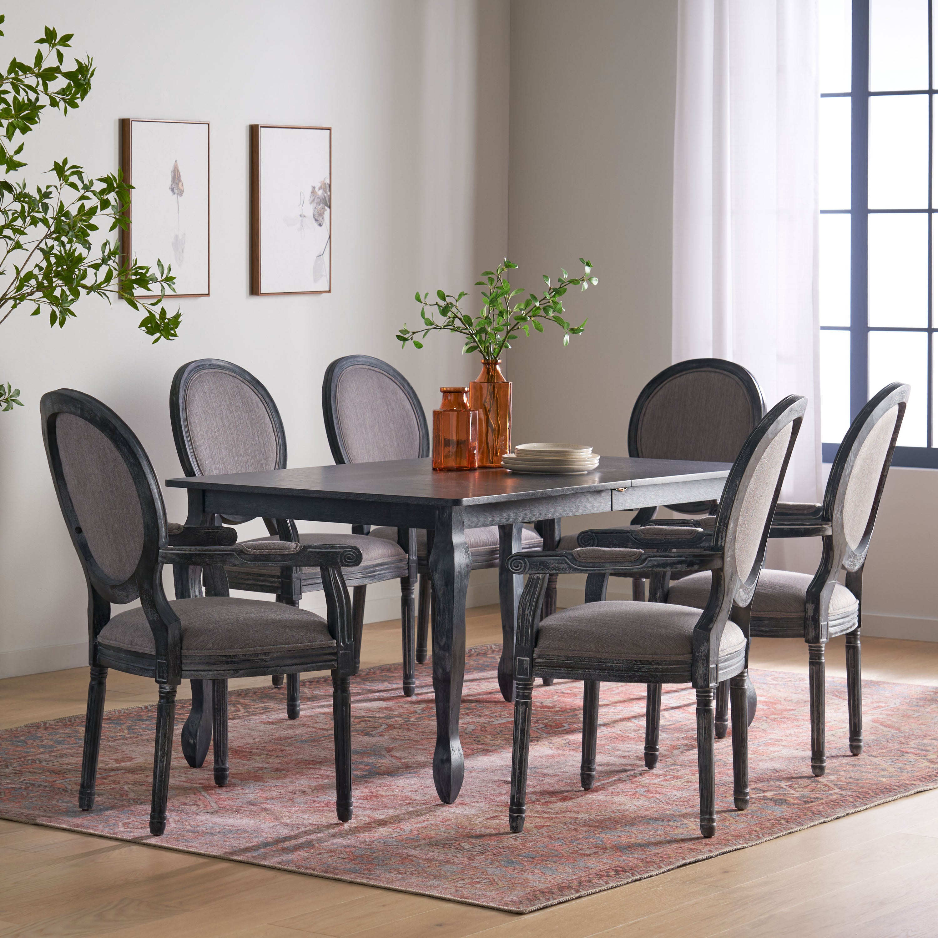 Comisky French Country Fabric Upholstered Wood Expandable 7 Piece Dining Set