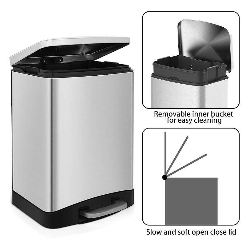 10.6 Gal./40 Liter Stainless Steel Rectangular Step-on Trash Can for Kitchen