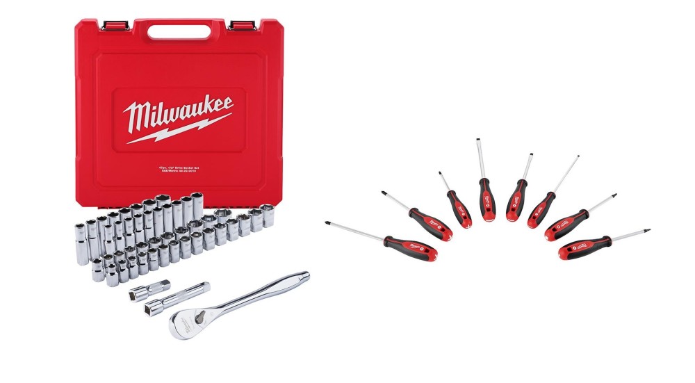 Milwaukee 47pc 1/2 Socket Wrench Set (SAE and Metric) and 8pc Screwdriver Set Bundle