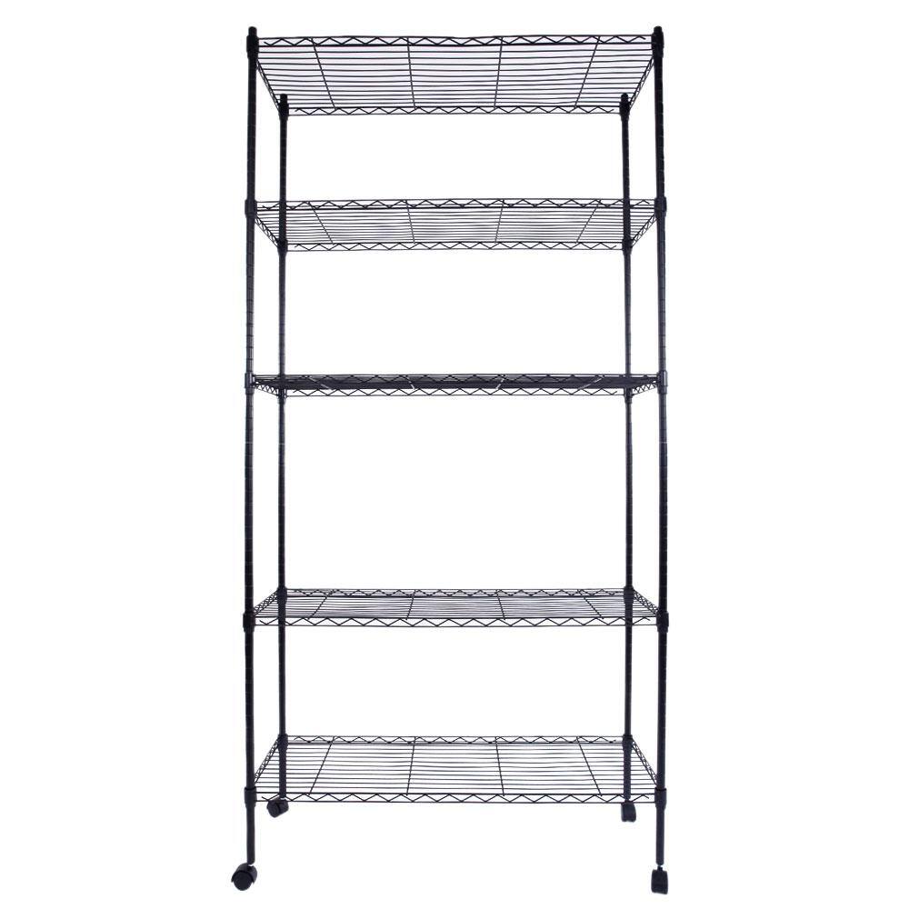 Karl home Black 5-Tier Metal Freestanding Garage Storage Shelving Unit with Wheels (13.78 in. W x 65 in. H x 35.43 in. D) 302992573365