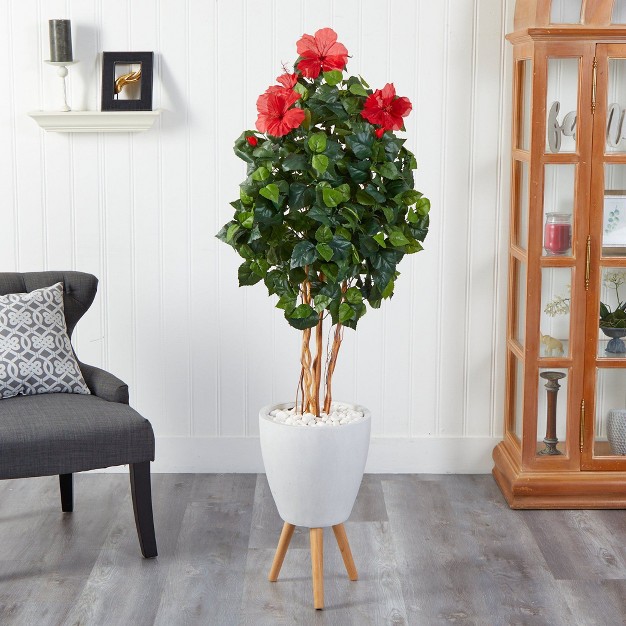 Nearly Natural 58-in Hibiscus Artificial Tree In White Planter With Stand