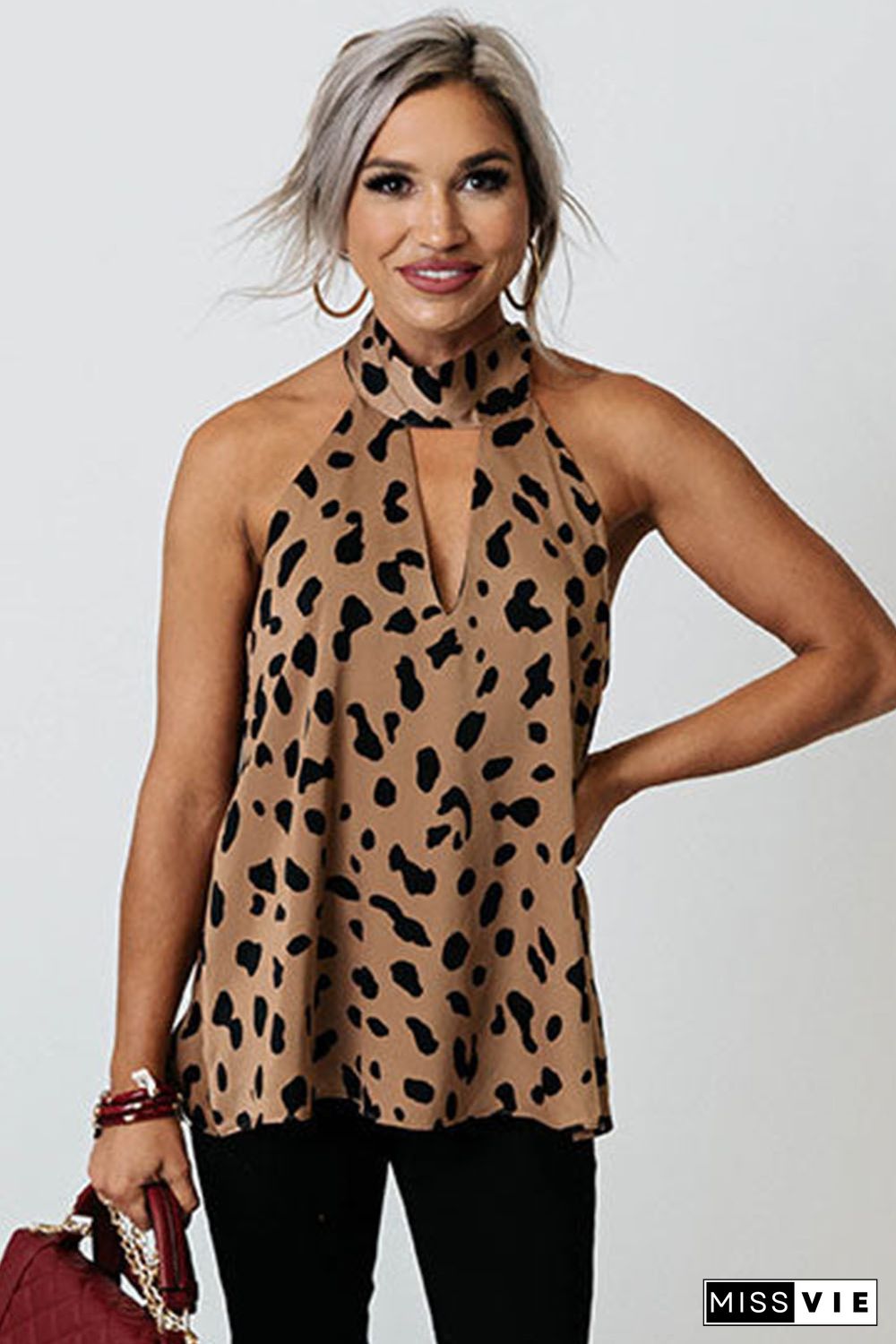 Leopard Print Keyhole Lace-up Halter Open Back Tank Top