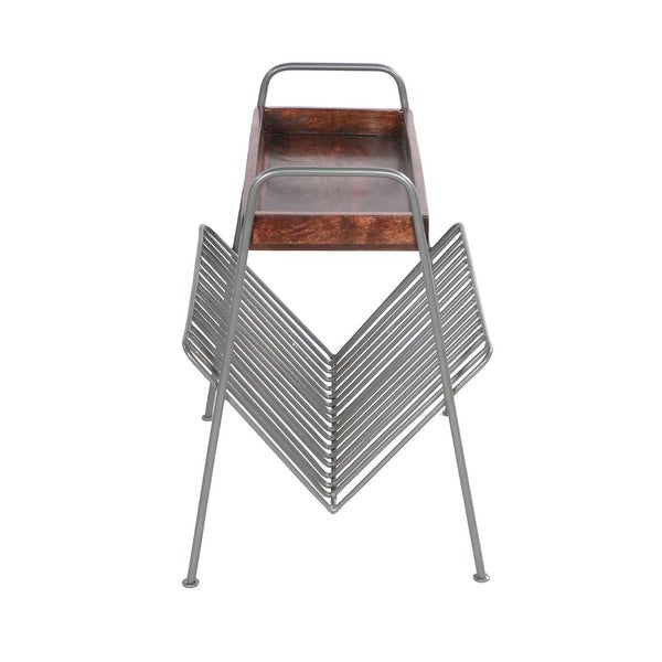 25 Inch Rectangular Metal Frame Side Table， Magazine Rack， Mango Wood Tray Top， Brown， Pewter Gray