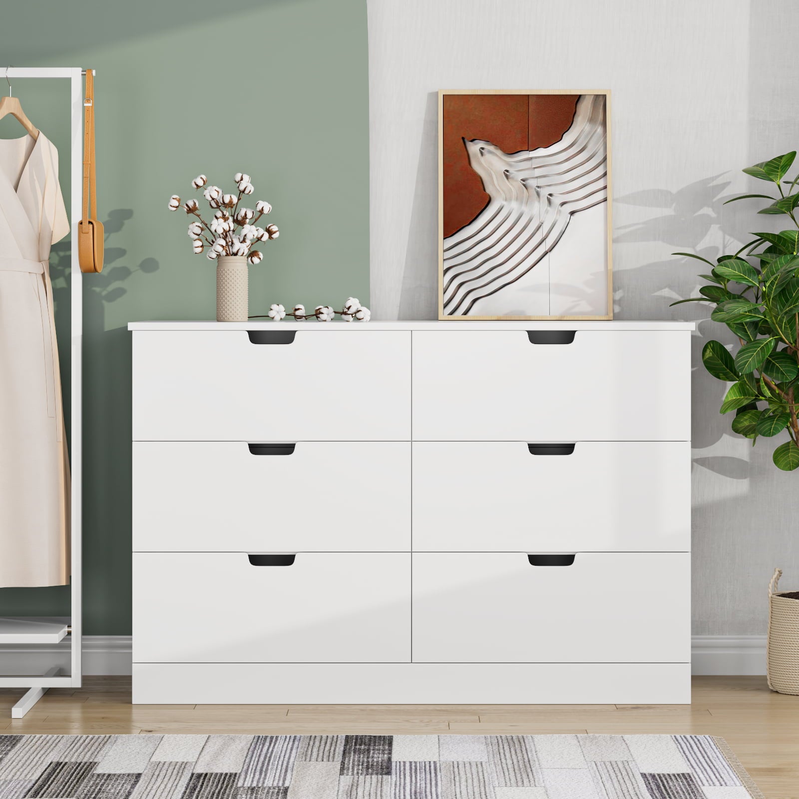 Homfa 6 Drawer Dresser for Bedroom, Modern White Chest, Wood Storage Cabinet for Living Room