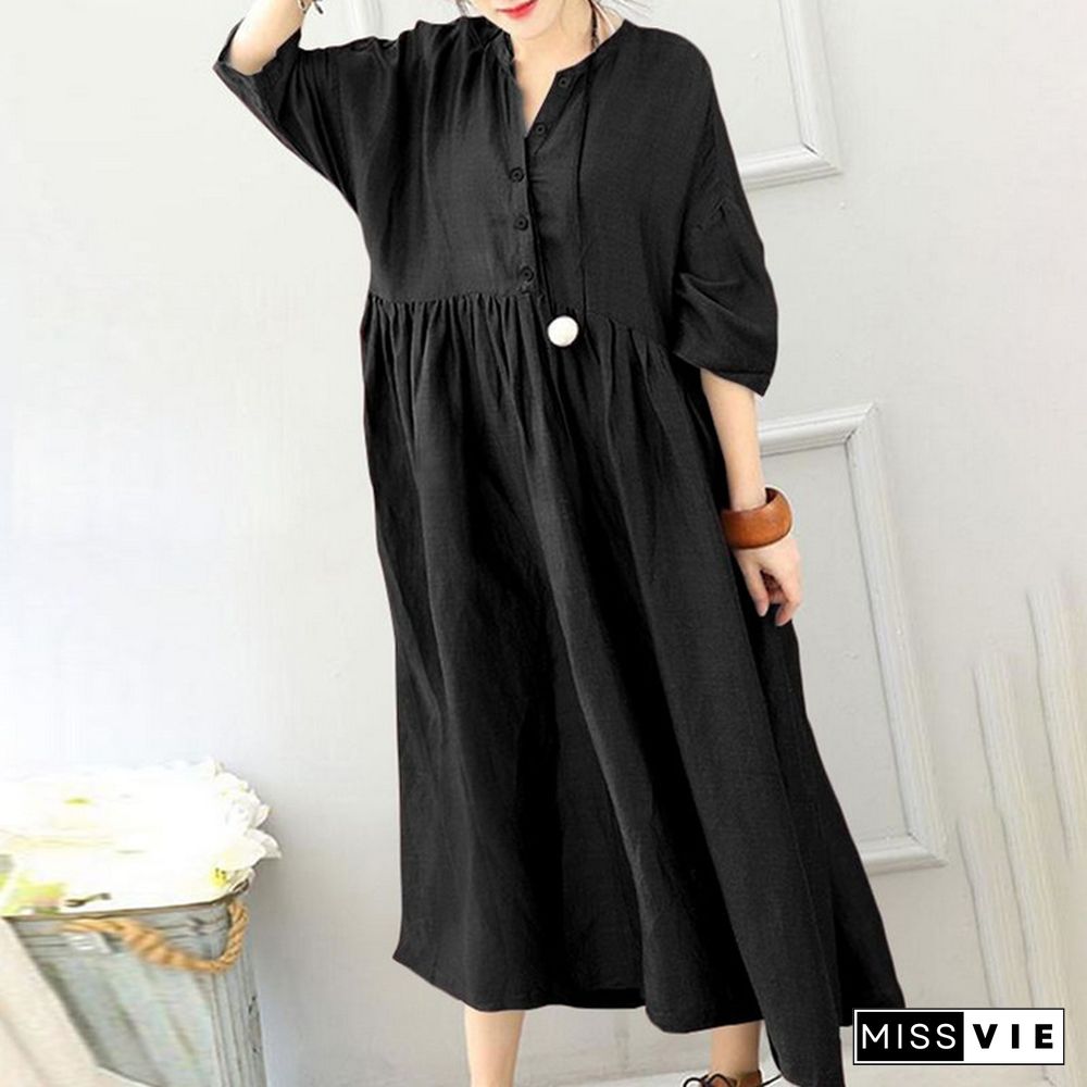 Spring Cotton Literary Leisure Solid Color Loose Cardigan Pullover Black Dresses