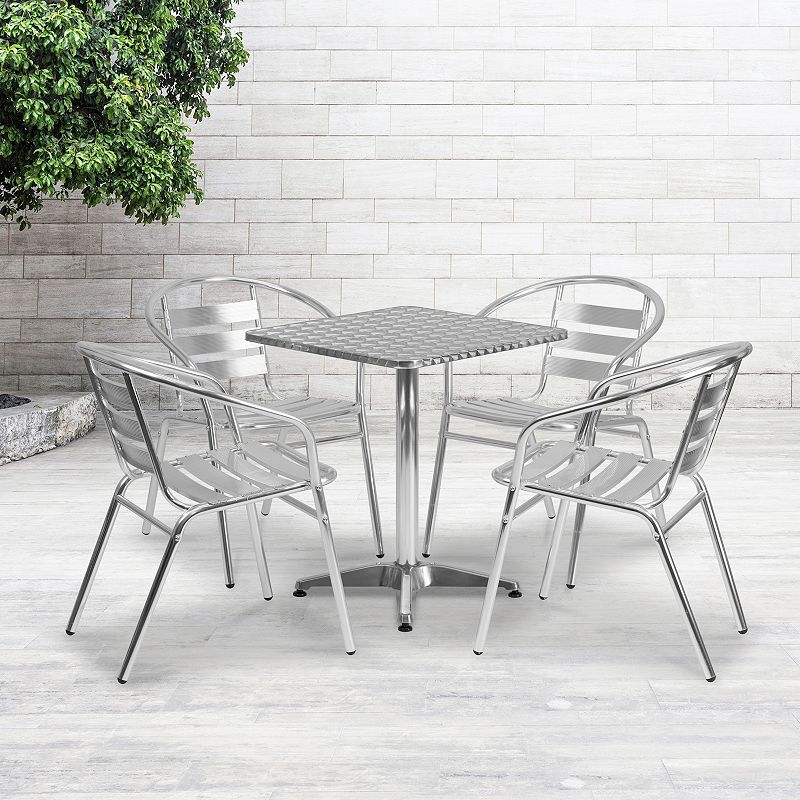 Emma and Oliver 23.5 Square Aluminum Table Set with 4 Slat Back Chairs