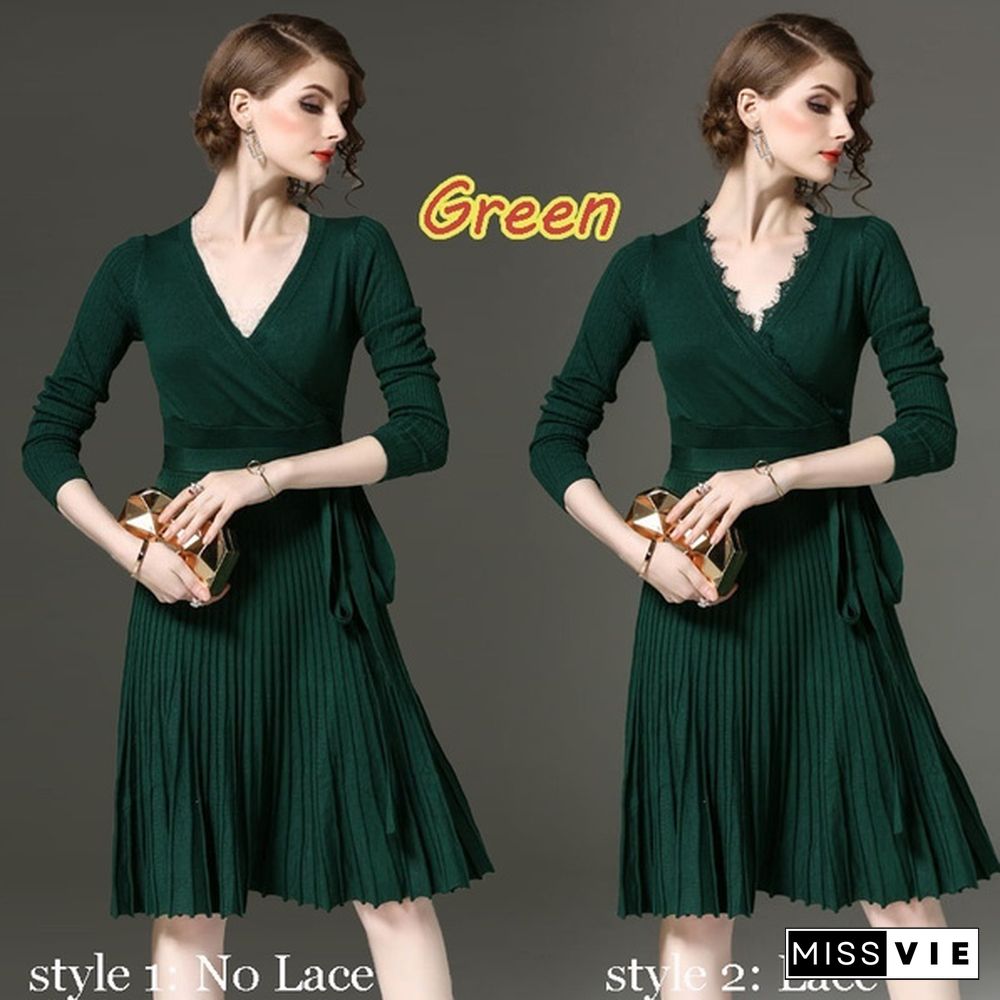 Sexy V-Neck Long Sleeve Winter Dress for Women Spring Elegant Belted Vintage Midi Solid Knit Sweater with Ruffle