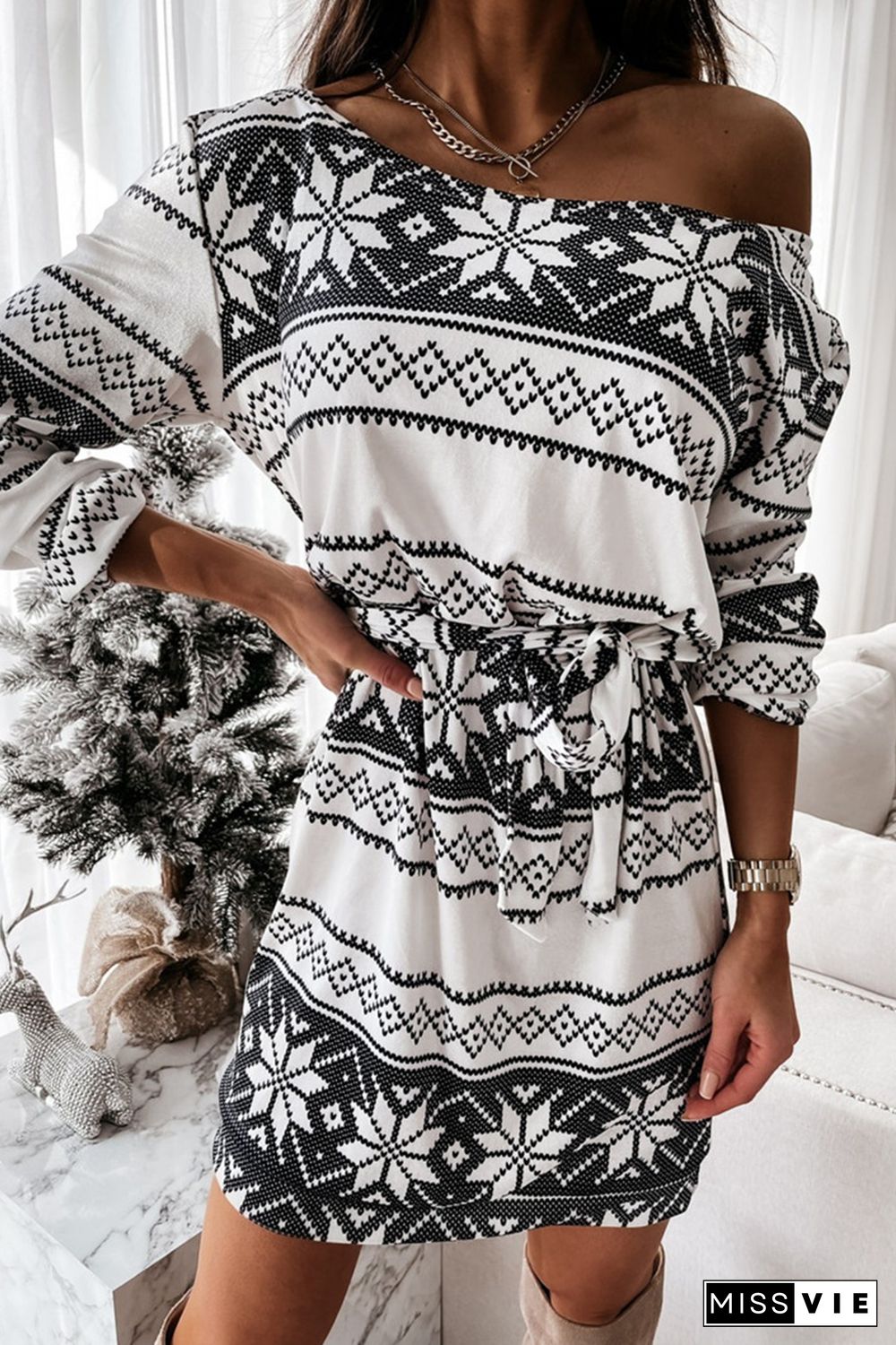 White Christmas Pattern Print Lace-up Long Sleeve Mini Dress