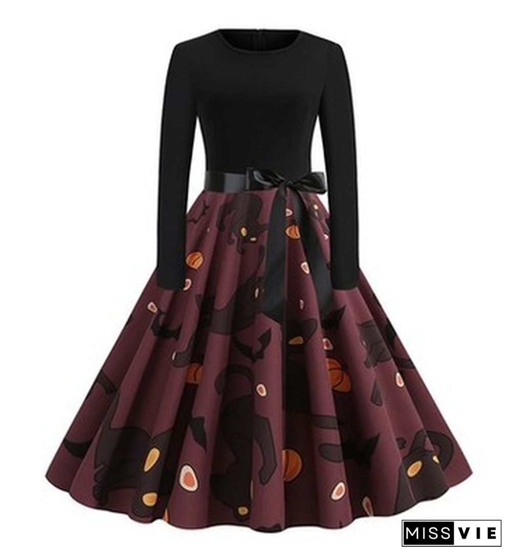 Halloween Print Stitching Long-Sleeved Big Dress