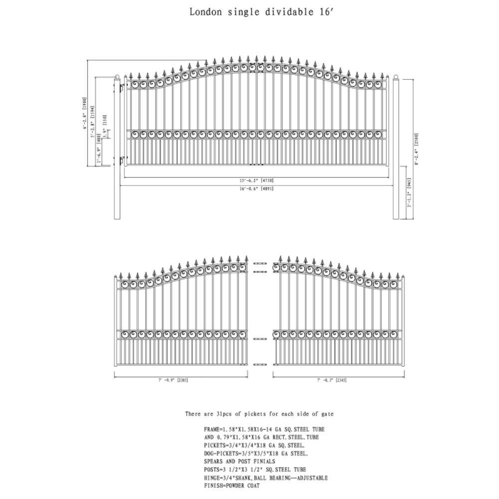 ALEKO London Style 16 ft. x 6 ft. Black Steel Single Slide Driveway Fence Gate DG16LONSSL-HD