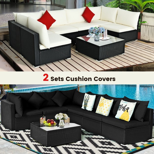 Costway 7pcs Patio Rattan Furniture Set Sectional Sofas Off White amp Black Cushion Covers