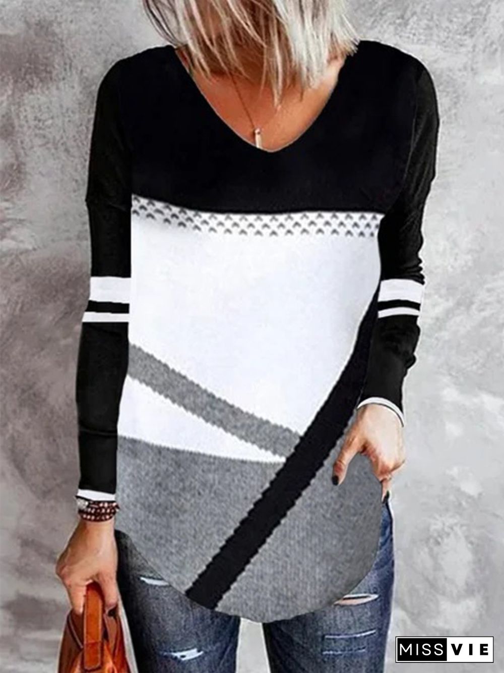 Color-block Geometric Striped Printed Long Sleeves V Neck Plus Size Casual Tops