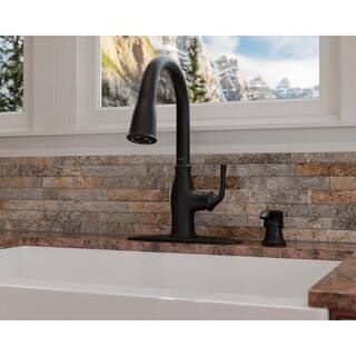 Pfister Rosslyn Single Handle Pull Down Sprayer Kitchen Faucet with Deckplate Included in Matte Black F-529-7RSSRB