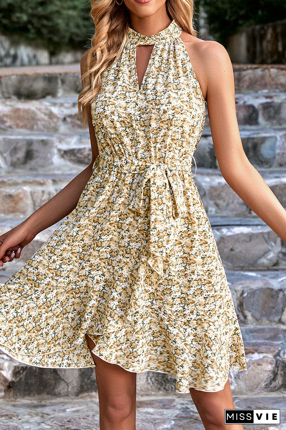 Twisted High Collar Hollow Out Sleeveless Floral Dress