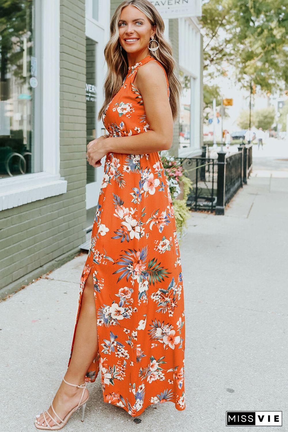 Orange Halter Neck Sleeveless Floral Dress with Slits