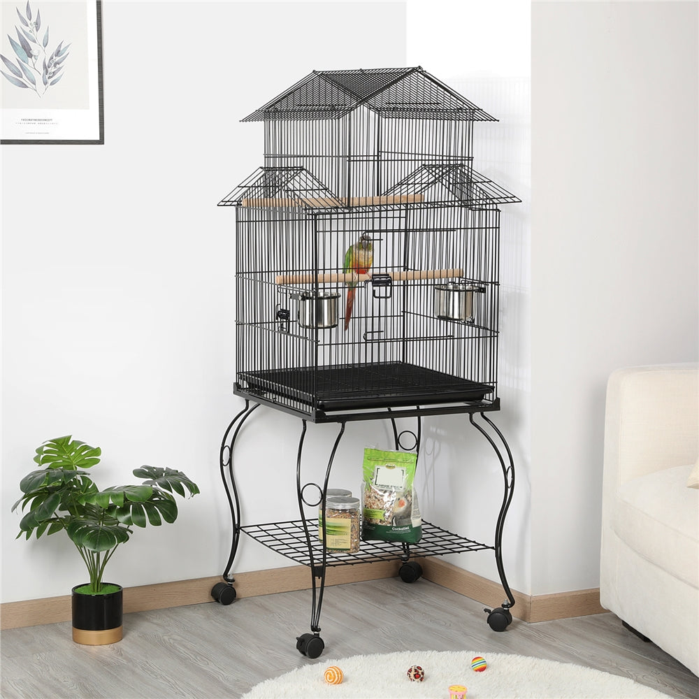 Yaheetech 55'' Rolling Standing Triple Roof Top Medium Parrot Cage for Mid-Sized Parrots Cockatiels Sun Parakeets Green Cheek Conures Caique Pet Bird Cage with Detachable Stand