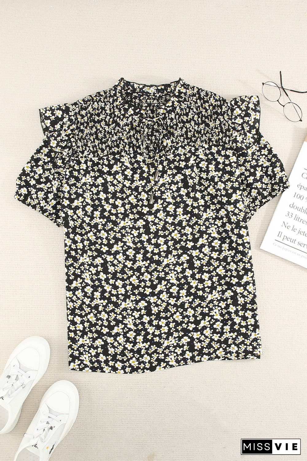 Black Floral Print Smocked Ruffled V Neck T-shirt