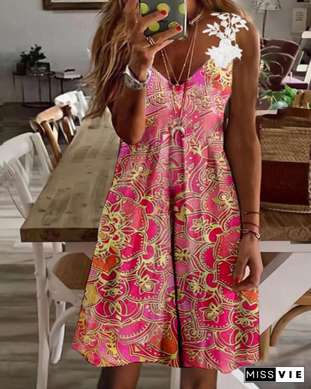 Printed V-Neck Lace Off-the-Shoulder Sexy Dress