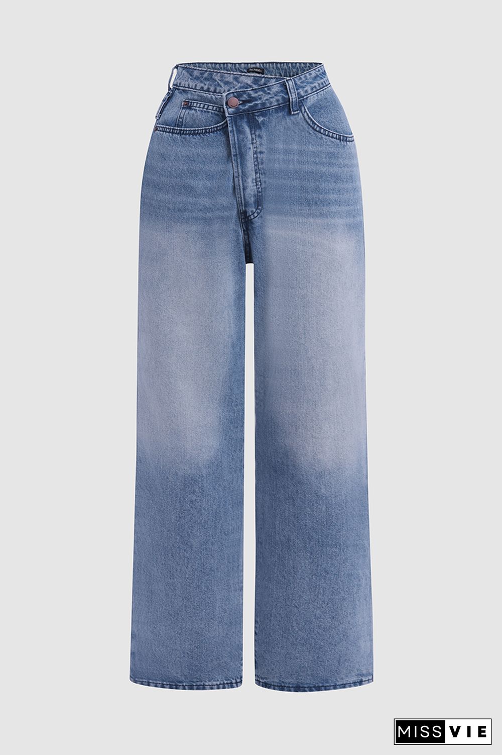 Asymmetrical Waist Mid Rise Straight Leg Jeans Without Belt